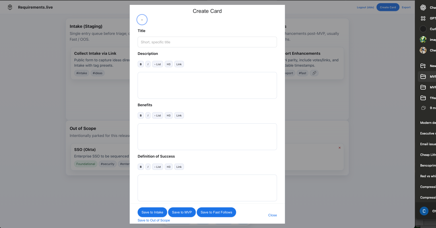Create card modal with rich fields
